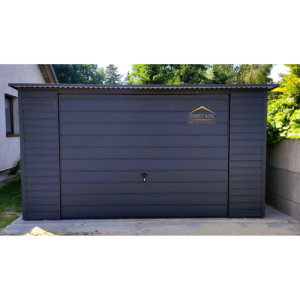 Blechgarage 4,50 m  x 5 m in der Farbe Anthrazit (BTX 7016) mit Schwingtor,  Pultdach mit Neigung nach hinten