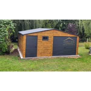 Blechgarage 6m x 5m in der Farbe Holzoptik goldene Eiche und Anthrazit (BTX 7016) mit Schwingtor und Türe, Satteldach