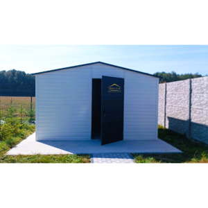 Blechgartenhaus 4m x 3m in der Farbe Reinweiß (RAL 9010) und Anthrazit (BTX 7016) mit Türe, Satteldach