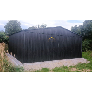 Blechgarage 6 m x 5 m in der Farbe Holzoptik Graphit mit Schwingtoren, Satteldach