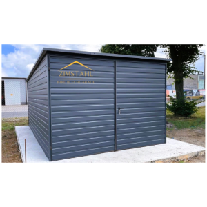 Blechgartenhaus 4m x 5m in der Farbe Anthrazit (BTX 7016) mit Doppelflügeltor, Pultdach mit Neigung nach hinten