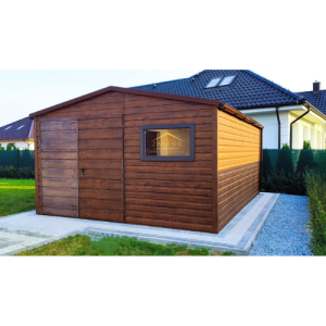 Blechgartenhaus 4m x 3m  in der Farbe Holzoptik goldene Eiche mit Doppelflügeltor, Satteldach