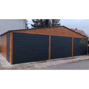 Blechgarage 9m x 5m in der Farbe Holzoptik goldene Eiche und Anthrazit (BTX 7016) mit Schwingtoren, Satteldach