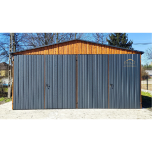 Blechgarage 6m x 6m in der Farbe Holzoptik goldene Eiche und Anthrazit (BTX 7016) mit Doppelflügeltoren, Satteldach