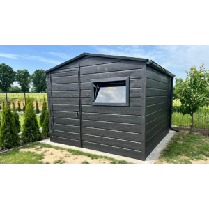 Blechgartenhaus 3m x 3m in der Farbe Holzoptik Graphit mit Türe, Satteldach