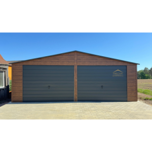 Blechgarage 7m x 6m in der Farbe Holzoptik dunkle Walnuss mit Schwingtoren, Satteldach