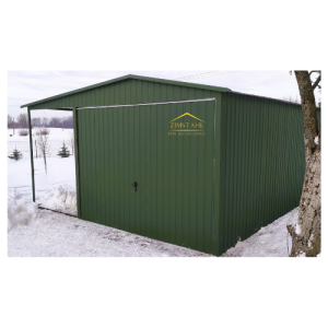 Blechgarage 3m x 5m in der Farbe Militärgrün (BTX 6020) mit Schwingtor und Überdachung 1,50m x 5m, Satteldach