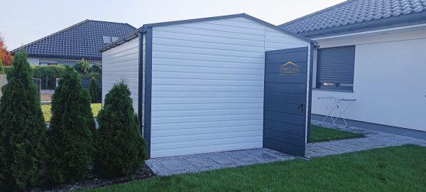 Blechgarage 3,5m x 5m in der Farbe Reinweiß (RAL 9010) und Anthrazit (BTX 7016) mit Schwingtor, Satteldach – Bild 5