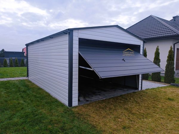 Blechgarage 3,5m x 5m in der Farbe Reinweiß (RAL 9010) und Anthrazit (BTX 7016) mit Schwingtor, Satteldach – Bild 4