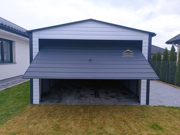 Blechgarage 3,5m x 5m in der Farbe Reinweiß (RAL 9010) und Anthrazit (BTX 7016) mit Schwingtor, Satteldach – Bild 3