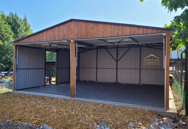Blechgarage 6m x 5m in der Farbe Holzoptik goldene Eiche und Anthrazit (BTX 7016) mit Schwingtoren, Satteldach – Bild 3