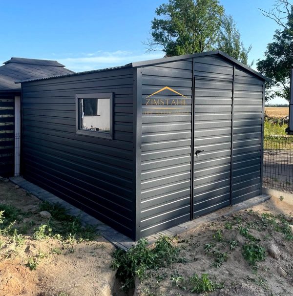 Blechgartenhaus 3m x 3m in der Farbe  Anthrazit (BTX 7016) mit Türe, Satteldach – Bild 2
