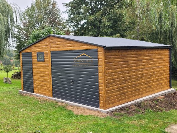 Blechgarage 6m x 5m in der Farbe Holzoptik goldene Eiche und Anthrazit (BTX 7016) mit Schwingtor und Türe, Satteldach – Bild 3