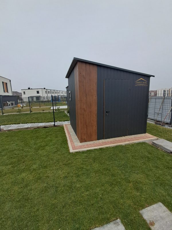 Blechgartenhaus, Geräteschrank , Pultdach nach hinten, Anthrazit, Holzoptik, Kippfenster