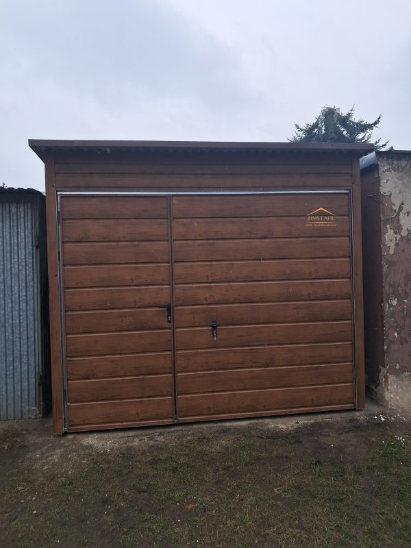 Blechgarage, nach hinten, Schwingtor, Türe, horizontal, holzoptik, angehebt