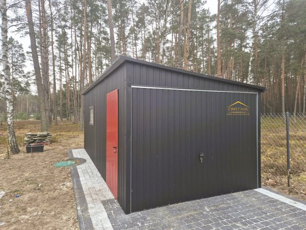 Blechgarage, Pultdacg mit Neigung nach rechts, Schwingtor, Akryl, Horizontalblech , Anthrazit Türe