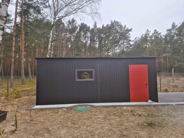 Blechgarage, Pultdacg mit Neigung nach rechts, Schwingtor, Akryl, Horizontalblech , Anthrazit Türe