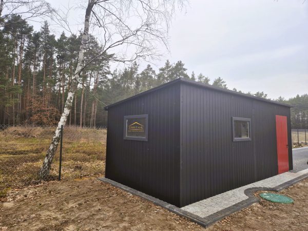 Blechgarage, Pultdacg mit Neigung nach rechts, Schwingtor, Akryl, Horizontalblech , Anthrazit Türe