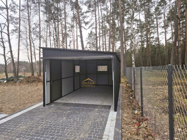 Blechgarage, Pultdacg mit Neigung nach rechts, Schwingtor, Akryl, Horizontalblech , Anthrazit Türe
