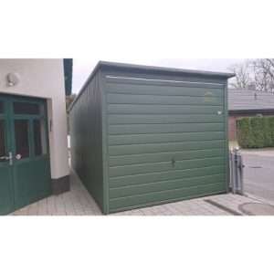 Blechgarage, pultdach, Vertikalblech, Schwingtor, Militärgrün, Einzelgarage, Akryl