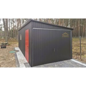 Blechgarage, Pultdacg mit Neigung nach rechts, Schwingtor, Akryl, Horizontalblech , Anthrazit Türe