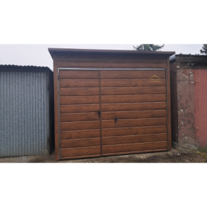 Blechgarage, nach hinten, Schwingtor, Türe, horizontal, holzoptik, angehebt