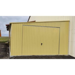 Blechgarage, Pultdach mit neigung nach links, Schwingtor, Vertikalblech, Sandgelb,