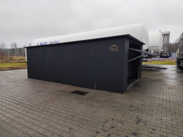 Blechgarage, Pultdach mit neigung nach hinten, Schwingtor, Anthrazit, Vertikalblech