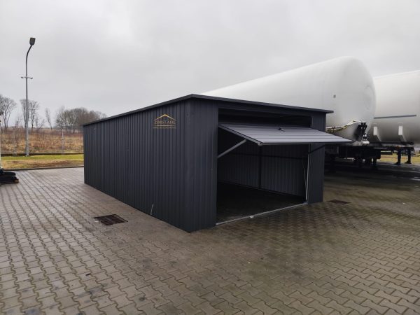 Blechgarage, Pultdach mit neigung nach hinten, Schwingtor, Anthrazit, Vertikalblech