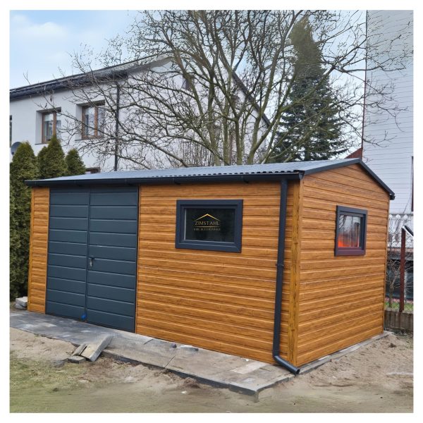 Blechgartenhaus, Holzoptik, premium, Doppelflügeltor, Satteldach, Kippfenster, Regenrinne,