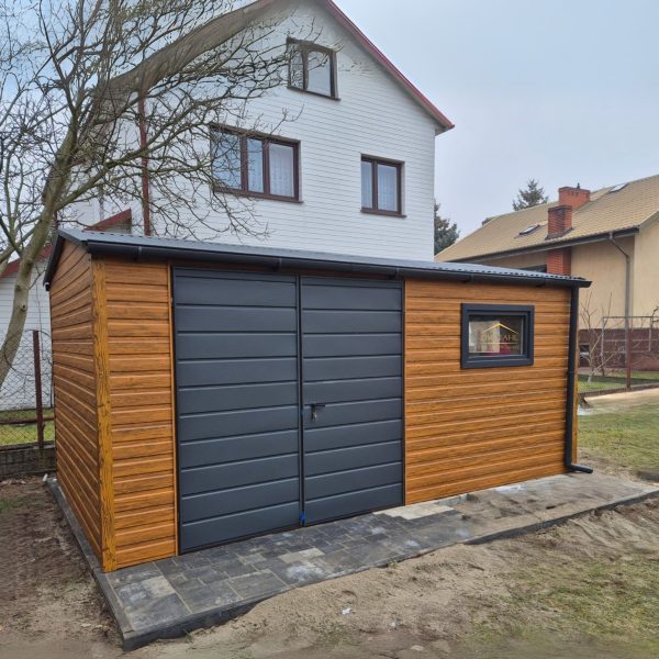 Blechgartenhaus, Holzoptik, premium, Doppelflügeltor, Satteldach, Kippfenster, Regenrinne,