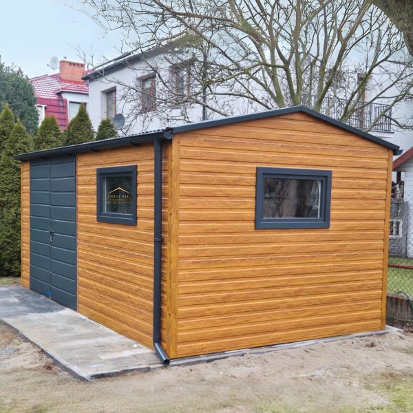 Blechgartenhaus, Holzoptik, premium, Doppelflügeltor, Satteldach, Kippfenster, Regenrinne,