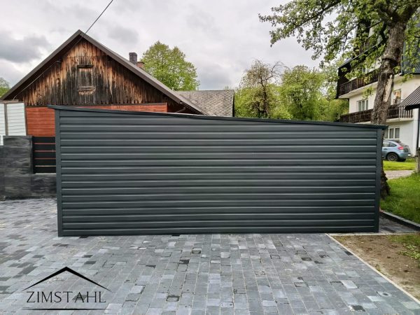 Einzelgarage aus Blech, Heckschräge, Pendeltür, Holzoptik Graphit