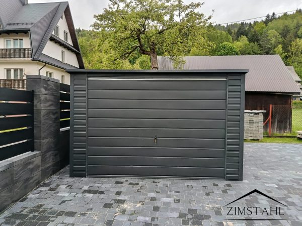 Einzelgarage aus Blech, Heckschräge, Pendeltür, Holzoptik Graphit