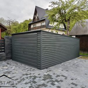 Einzelgarage aus Blech, Heckschräge, Pendeltür, Holzoptik Graphit