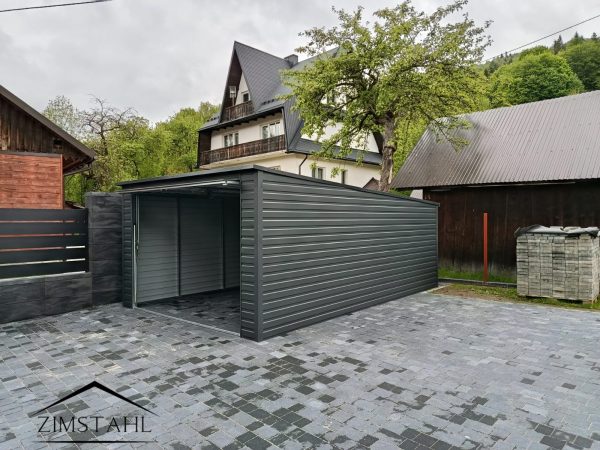 Einzelgarage aus Blech, Heckschräge, Pendeltür, Holzoptik Graphit