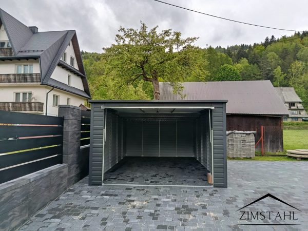 Einzelgarage aus Blech, Heckschräge, Pendeltür, Holzoptik Graphit