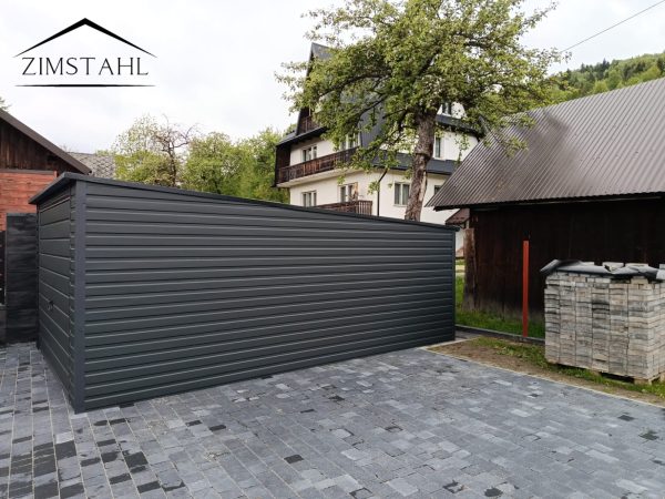 Einzelgarage aus Blech, Heckschräge, Pendeltür, Holzoptik Graphit