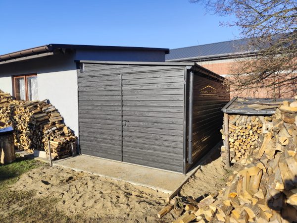 Pultdach mit neigung nach rechts, Blechgartenhaus, horizontalblech, holzoptik Graphit, Doppelflügeltor