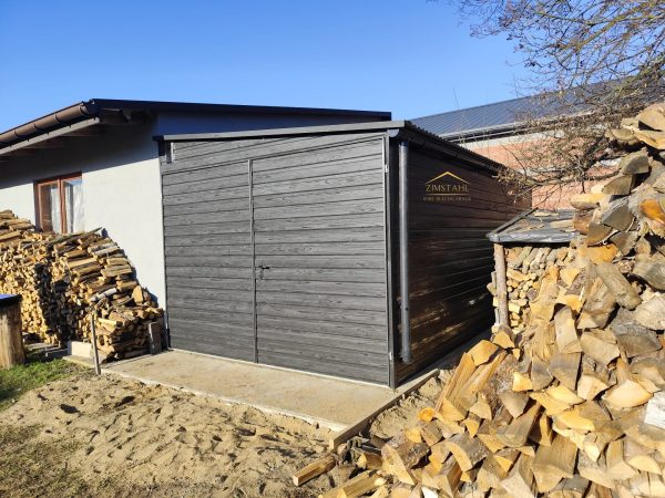 Pultdach mit neigung nach rechts, Blechgartenhaus, horizontalblech, holzoptik Graphit, Doppelflügeltor