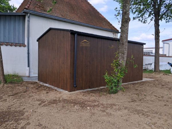 Blechgarage, Blechgartenhaus, Satteldach, Horizontalblech,Holzoptik, vertikalblech, Doppelflügeltor