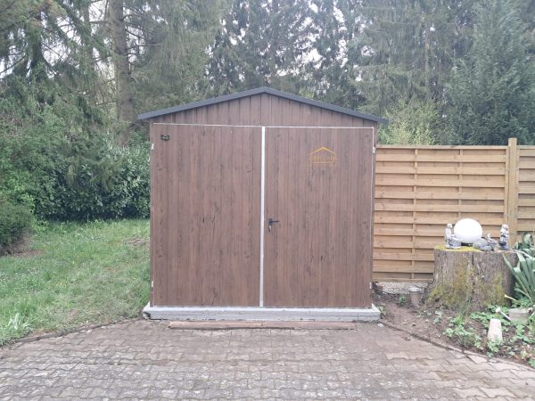 Blechgarage, Blechgartenhaus, Satteldach, Horizontalblech,Holzoptik, vertikalblech, Doppelflügeltor