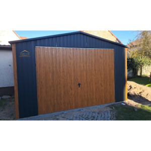 Blechgarage, Satteldach, vertikalblech, Holzoptik, Anthrazit, Schwingtor,