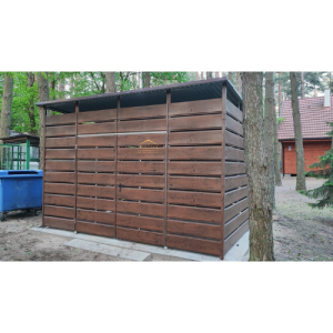 Mülltonnengehäuse, Müllhaus mit Lüftungsschlitzen, holzoptik, pultdach nach hinten, Doppelflügeltor