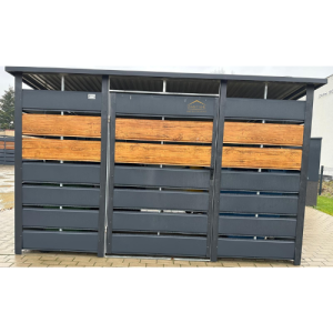 Mülltonnengehäuse, Müllhaus mit Lüftungsschlitzen in der Farbe Anthrazit BTX 7016 und Holzoptik dunkle Walnuss, Pultdach mit Neigung nach hinten, Tür