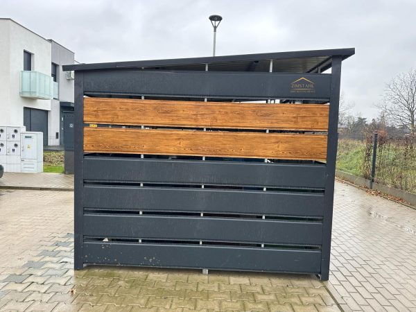 Mülltonnengehäuse, Müllhaus mit Lüftungsschlitzen in der Farbe Anthrazit BTX 7016 und Holzoptik dunkle Walnuss, Pultdach mit Neigung nach hinten, Tür