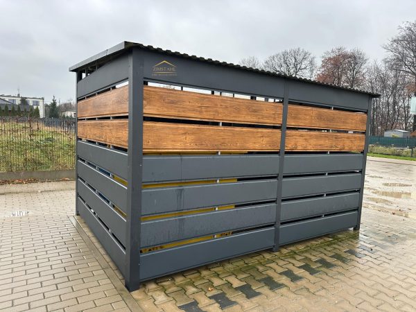 Mülltonnengehäuse, Müllhaus mit Lüftungsschlitzen in der Farbe Anthrazit BTX 7016 und Holzoptik dunkle Walnuss, Pultdach mit Neigung nach hinten, Tür