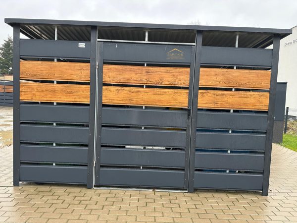 Mülltonnengehäuse, Müllhaus mit Lüftungsschlitzen in der Farbe Anthrazit BTX 7016 und Holzoptik dunkle Walnuss, Pultdach mit Neigung nach hinten, Tür
