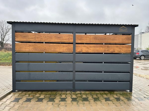 Mülltonnengehäuse, Müllhaus mit Lüftungsschlitzen in der Farbe Anthrazit BTX 7016 und Holzoptik dunkle Walnuss, Pultdach mit Neigung nach hinten, Tür
