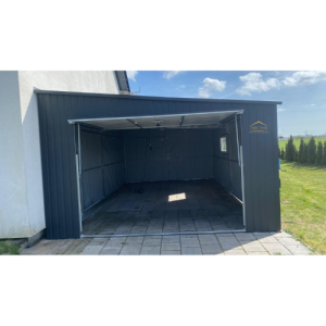 Blechgarage, 4m x 7m, in der Farbe Anthrazit (BTX 7016) , Pultdach mit Neigung nach rechts, Schwingtor, Tür